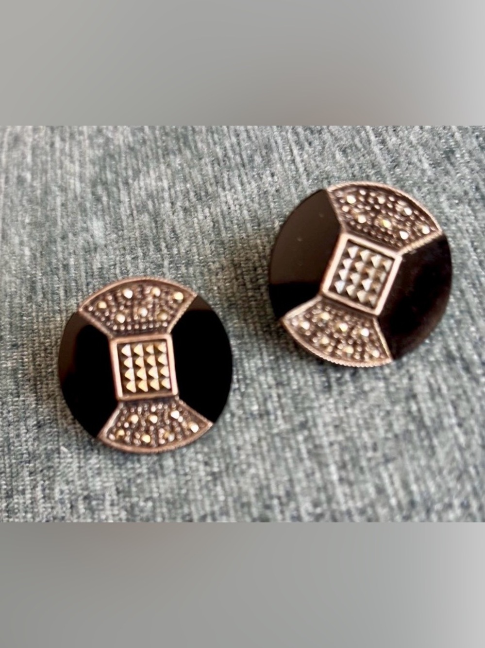 Black Onyx and 925 Silver Round Stud Earrings Vintage- Art Deco Geometric Design